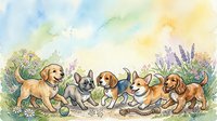 Adorable puppies playing in spring garden with flowers and butterflies in soft watercolor style for children's decor and pet-themed designs.