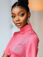 Young African American woman in pink turtleneck top with glamorous makeup, statement earrings and sleek updo hairstyle against blurred background. Professional beauty portrait.