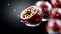 Fresh passion fruit with water drops floating in dark space, dramatic lighting highlights red skin and golden pulp, macro food photography for beverage advertising.
