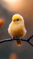 Fluffy yellow canary perched on branch with spiked crest feathers against soft brown background, displaying adorable round shape and tiny beak.