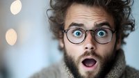 Young Caucasian man with glasses and beard expressing extreme surprise with wide open blue eyes and mouth, messy curly hair, wearing cozy sweater against blurred lights.