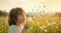Young child with curly hair blowing dandelion seeds that transform into eco-friendly symbols like wind turbines and recycling icons in golden sunset field.