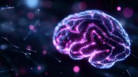 Glowing purple brain with neural connections on dark background, illuminated by particles and bokeh lights creating futuristic medical science visualization.