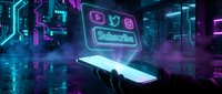 Glowing neon subscribe button with social media icons projected from a smartphone in a futuristic cyberpunk setting with purple and blue lights.