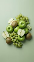 Fresh green apples, kiwi fruits, and grapes arranged on a light green background, top view flat lay composition for healthy eating.
