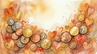 Watercolor coins and hearts in warm golden tones with copy space, evoking love of money, charity, financial romance, and Valentine savings concepts.