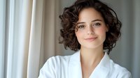 Young Hispanic woman with curly brown hair and natural makeup wearing white blazer smiling at camera against light background, professional headshot style portrait.