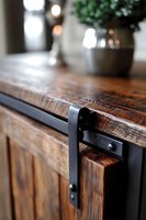 Rustic wooden cabinet with black metal sliding barn door hardware detail, featuring distressed wood grain texture and soft bokeh background lighting effects.