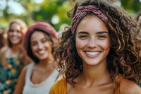 Young multiethnic women with curly hair and headbands smiling outdoors on sunny day, expressing joy and friendship in natural lighting setting.