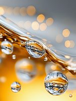 Macro photography of water drops with golden liquid surface creating abstract bokeh effect. Transparent spheres reflect light showing surface tension and refraction.