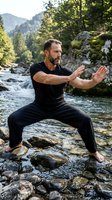 Adult male, Caucasian, practicing tai chi or martial arts in a wide stance on rocky riverbank with flowing water and forested mountains behind, wearing black athletic clothing, barefoot on stones.