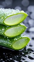 Fresh aloe vera leaves with water drops on dark background, macro shot showing natural gel texture and moisturizing properties for skincare and wellness.