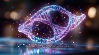 Glowing DNA helix structure in pink and blue neon colors floating above reflective surface against dark background with bokeh lights, modern science visualization.