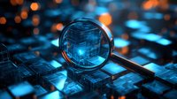 Magnifying glass examining glowing digital circuit pattern with blue light effects and orange bokeh background, representing data analysis and cybersecurity concept.