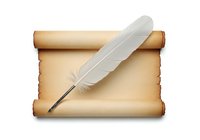 Aged parchment scroll with white feather quill pen isolated on white background, ready for design use on invitations, stationery, and creative projects.