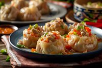 Steamed Asian dumplings filled with meat and vegetables, garnished with chopped carrots and green onions, served on blue ceramic plate with dipping sauce.
