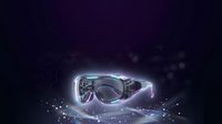 Futuristic virtual reality goggles with neon glow effect and digital particles on dark background, suitable for tech, gaming, and metaverse marketing materials.