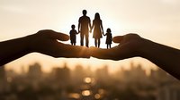 Family protection concept with silhouettes of parents and children standing on cupped hands against warm sunset light for insurance and care themes.