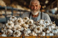Senior Caucasian farmer with white beard and gray sweater proudly displaying fresh organic garlic harvest at local farmers market. Natural lighting creates warm atmosphere.