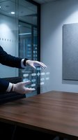 Businessman hands manipulating holographic network diagram in modern office conference room for digital transformation and connectivity solutions.