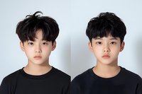 Young Asian male with black hair wearing dark t-shirt shown in two similar poses against light background, displaying neutral expression in professional headshot style portrait.