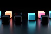 Colorful glowing cubes arranged on dark surface with neon lighting effects creating modern tech atmosphere for digital design projects.