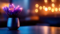 Purple lavender flowers in dark vase against blurred warm bokeh lights background creating romantic evening atmosphere on wooden table surface.