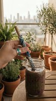 Person holding decorative spoon stirring smoothie in glass jar surrounded by potted herbs on balcony with city skyline view for wellness, nutrition, and urban lifestyle content.