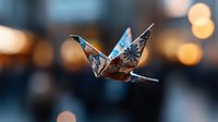 Delicate paper crane origami with newspaper print floating against blurred bokeh lights background creates peaceful atmospheric composition. Artistic photography for wall decor.