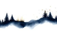 Misty mountain landscape with silhouettes of pine trees against white background, gold stars scattered above. Watercolor winter forest scene for seasonal designs.