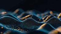 Digital wave pattern with glowing blue and orange particles on dark background forming dynamic flowing mesh structure in modern technology style.
