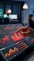 Businessman analyzing financial data on tablet with red warning charts and graphs in modern office environment for investment decisions.