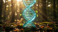 Glowing DNA double helix structure on forest floor with autumn leaves and warm sunlight creating bokeh effect in background for biotechnology concepts.