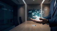 Businessman holding holographic data visualization with gears and charts in modern office environment for technology and analytics presentations.