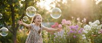 Happy young Caucasian girl in floral dress playing with soap bubbles in sunny garden during golden hour summer evening outdoors with colorful flowers.