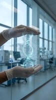 Hands in medical gloves protecting holographic DNA double helix in modern laboratory corridor for genetic research and biotechnology innovation concepts.