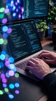 Software developer coding on laptop with colorful bokeh lights creating modern programming workspace atmosphere for tech projects and development.