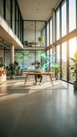 Young male professional working at wooden desk in modern open-plan office with floor-to-ceiling windows, natural light, green plants, and sustainable architecture design for corporate workspace concepts.