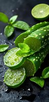 Fresh cut aloe vera plant with water drops on dark background, natural green leaves and slices for skincare and wellness products.