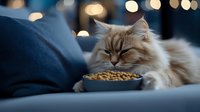 Sleepy long-haired cat resting near bowl of dry food on blue couch. Soft bokeh lights create cozy evening atmosphere for pet lifestyle and feeding concept.
