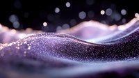 Magical purple waves of glowing particles flow in darkness with bokeh light effects, creating dreamy abstract background for luxury designs and presentations.