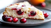 Slice of homemade cranberry cheesecake with cream cheese frosting on gray plate, garnished with fresh berries. Close up view shows moist texture and rich filling.