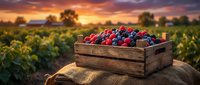 Wooden crate filled with fresh raspberries, blueberries, and blackberries on a burlap sack at sunset over a farm field.