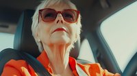 Senior Caucasian woman with blonde hair wearing sunglasses and red outfit sitting in car driver seat looking confident and stylish for travel lifestyle.