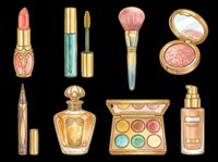 Luxury cosmetics collection with lipstick, mascara, blush brush, eyeshadow palette, perfume bottle, and foundation spray isolated on transparent background. Ready for t-shirt design, clipart, stickers, and print-on-demand products.
