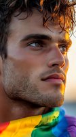 Young handsome man with curly hair wearing rainbow pride shirt in golden hour sunlight for LGBTQ community representation and diversity campaigns.