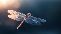Delicate dragonfly with translucent wings illuminated by golden sunset light against dark blurred background, macro nature photography showing intricate wing details.