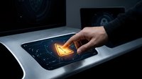 Hand touching tablet screen with glowing orange warning triangle icon and digital circuit patterns, representing cybersecurity alert and system notification for web and app design.