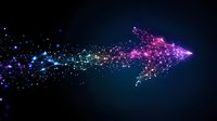 Glowing digital arrow formed by connected dots and lines with gradient color transition from blue to purple, sparkling on dark background with particle effects.