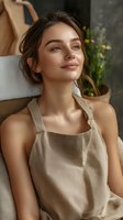 Young Caucasian woman in linen dress relaxing at home, natural daylight illuminating her face as she smiles contentedly while looking up, messy bun hairstyle and minimal makeup.